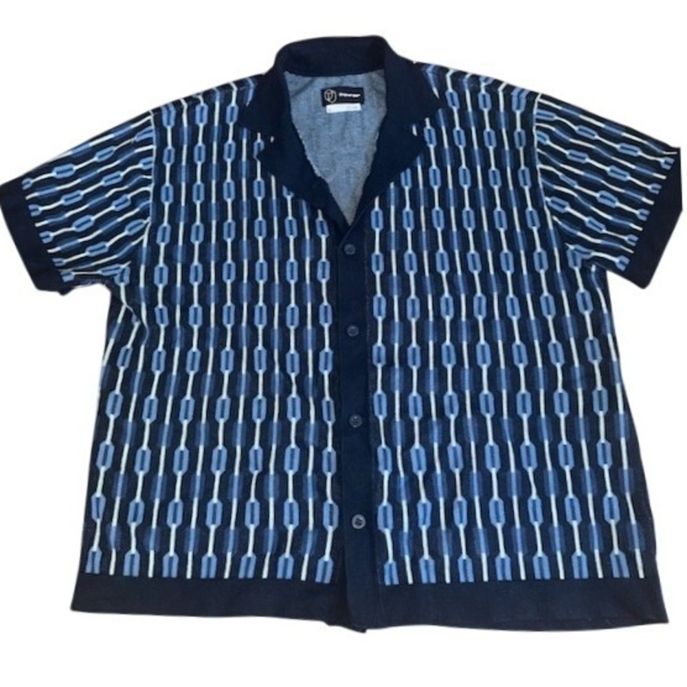 Original Use Mens Large Blue Geometric Knit Short Sleeve Camp Collar Button Down